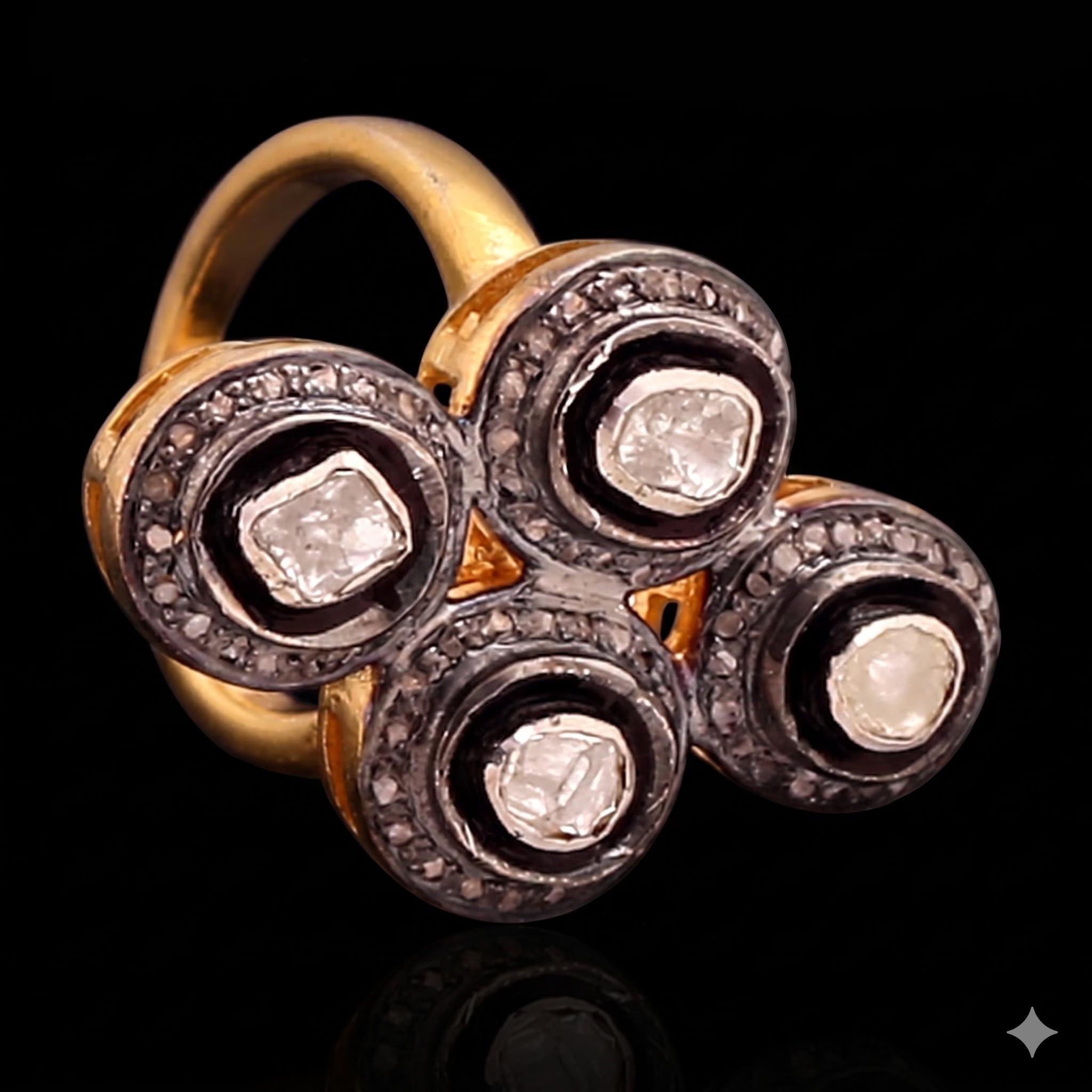 22kt Gold Polki Meenakari Floral Ring, Handmade Indian Wedding Jewelry