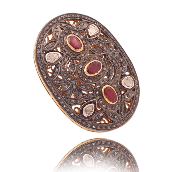 Handmade Rubyzoisite Gemstone Pendant, 18k Gold Sterling Silver Victorian Jadau Jewelry