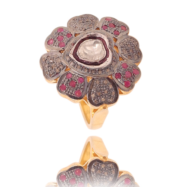 Victorian Rosecut Diamond Polki Ring, 18k Gold Sterling Silver, Jadau Artistry