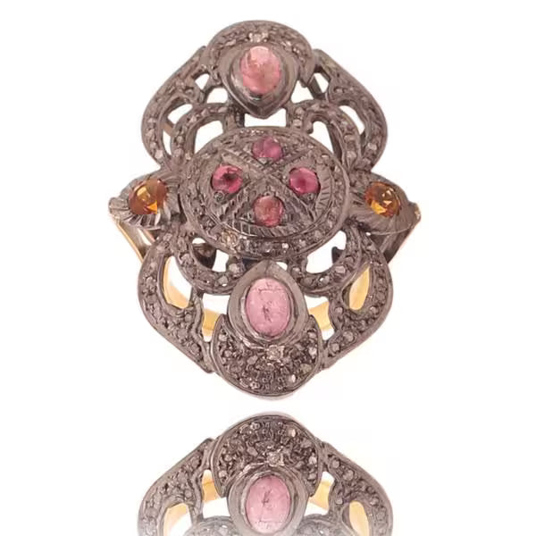 Victorian Diamond Polki Rosecut Diamond Ring, 18k Gold Sterling Silver Statement