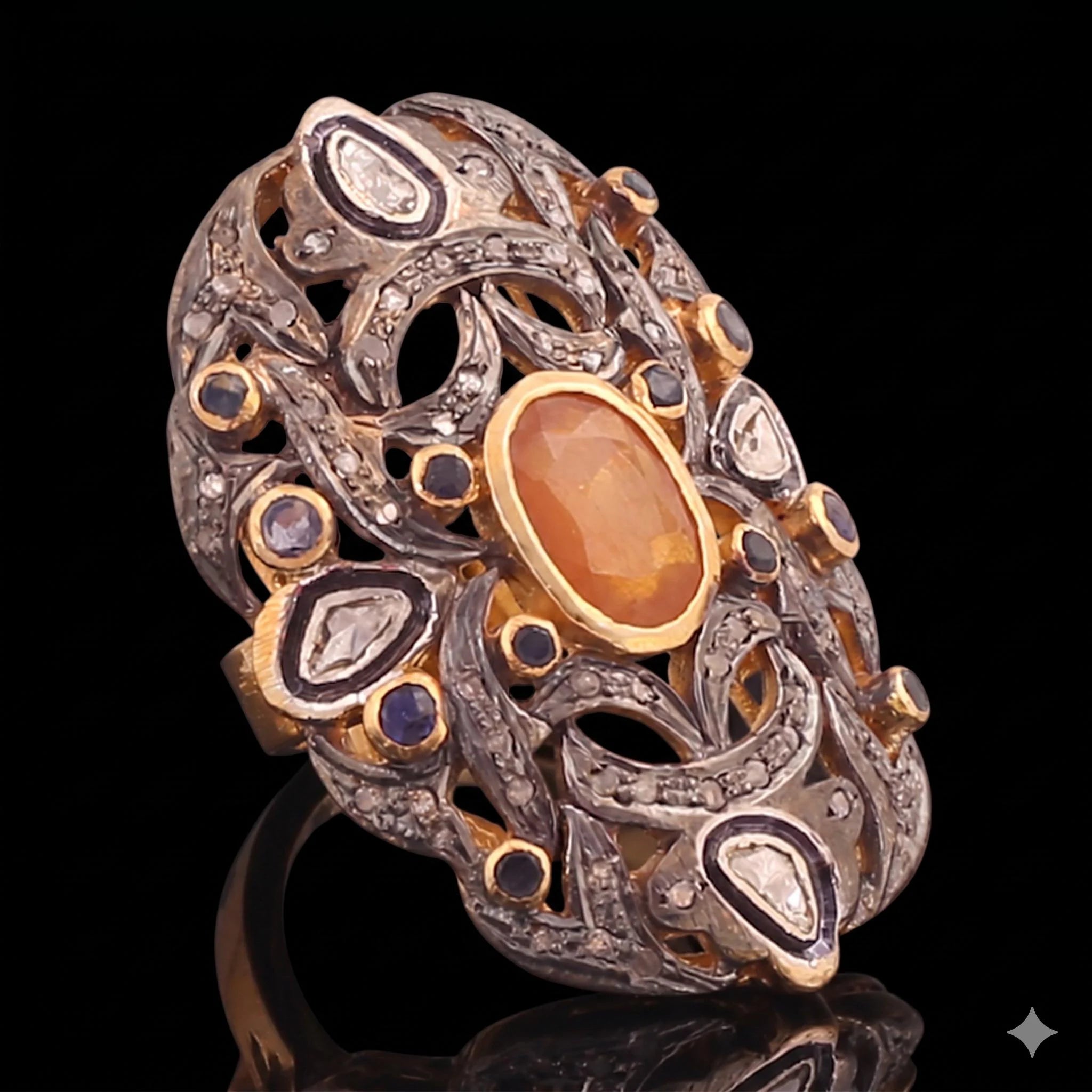 22kt Gold Polki Meenakari Ring, Handmade Jadau Statement Ethnic Indian Wedding Jewelry