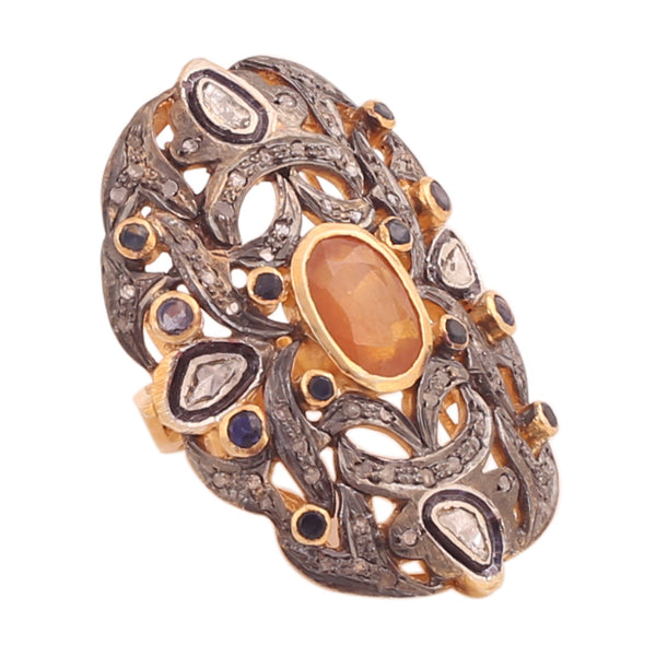 22kt Gold Polki Meenakari Ring, Handmade Jadau Statement Ethnic Indian Wedding Jewelry