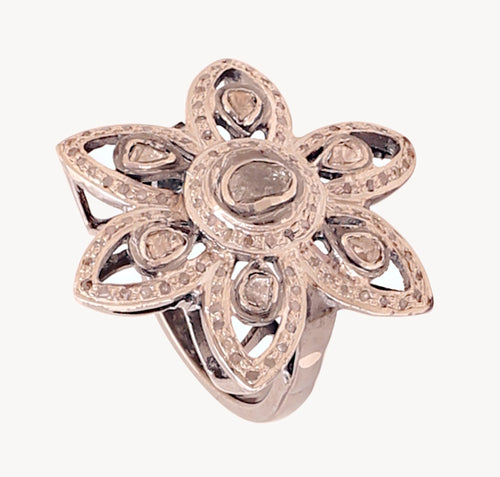 18k Gold Silver Diamond Polki Ring, Rosecut Victorian Statement Ring
