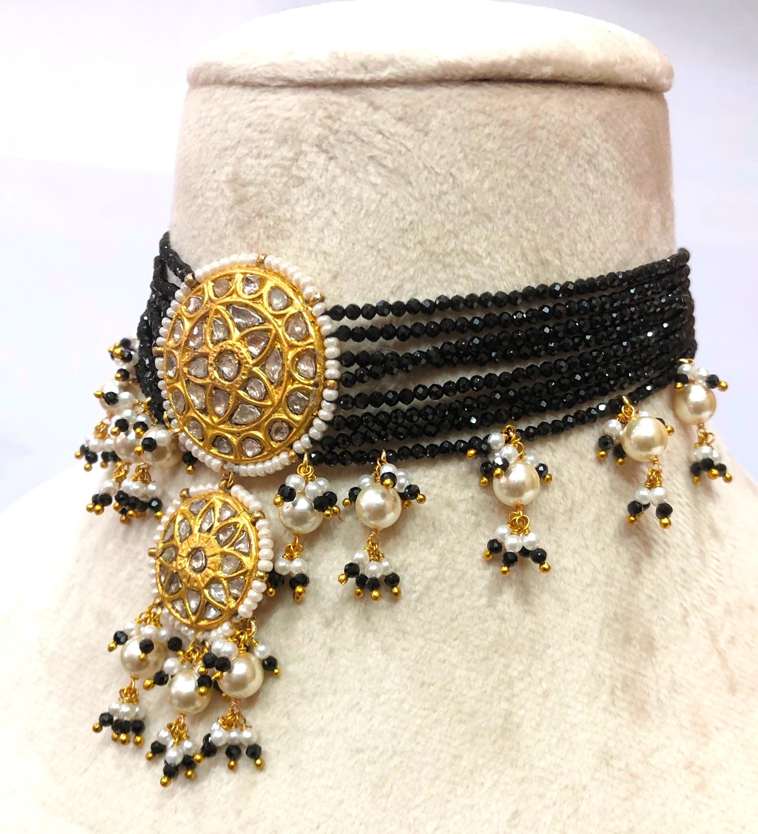 Victorian Polki Diamond Choker | 22KT Gold, Black Spinel & Pearl Necklace
