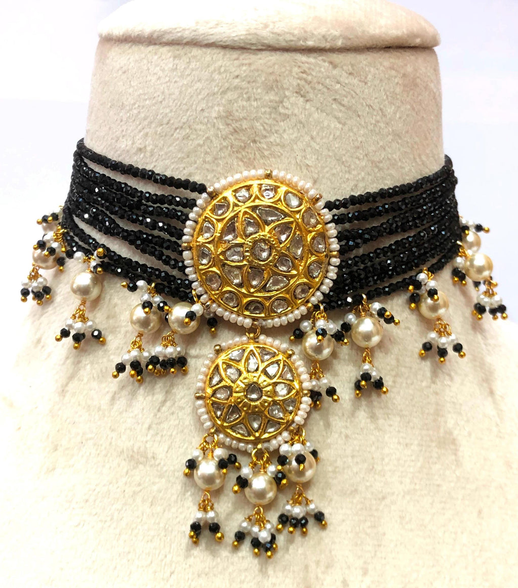 Victorian Polki Diamond Choker | 22KT Gold, Black Spinel & Pearl Necklace