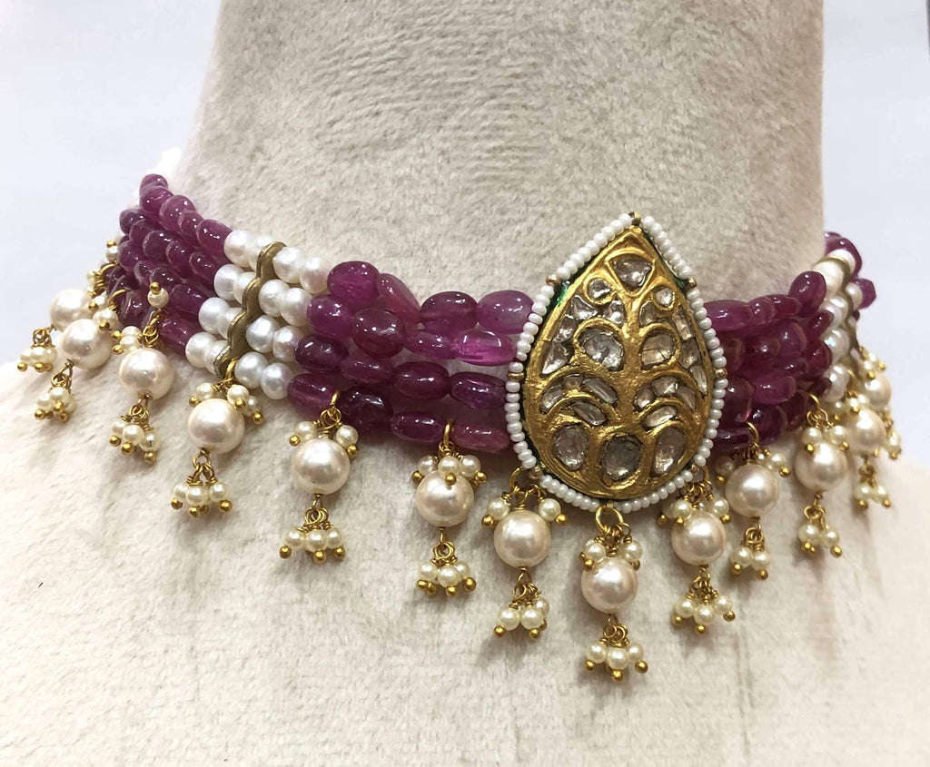 22K Gold Plated Ruby Choker – Polki Diamond Indian Bridal Necklace