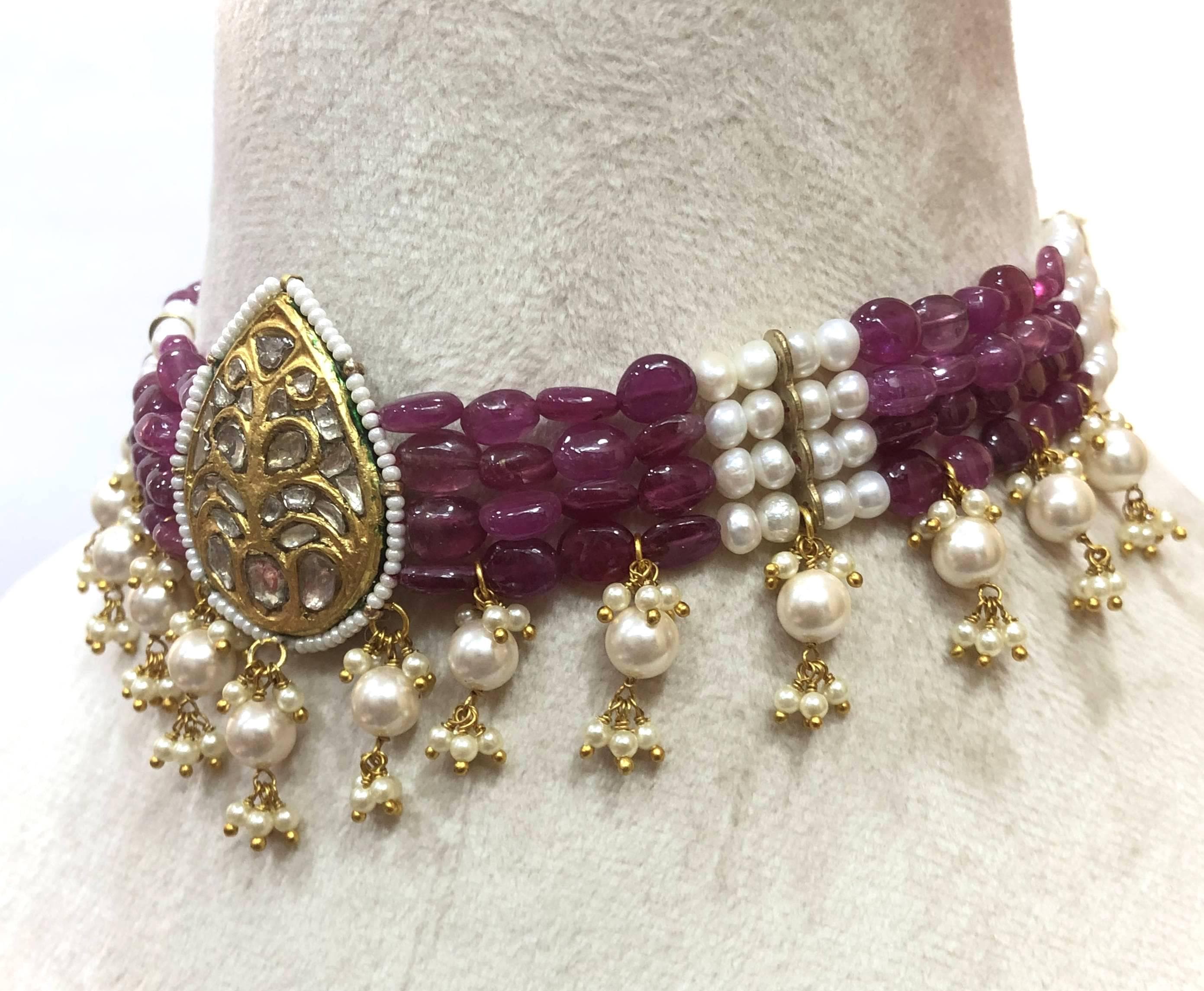 22K Gold Plated Ruby Choker – Polki Diamond Indian Bridal Necklace