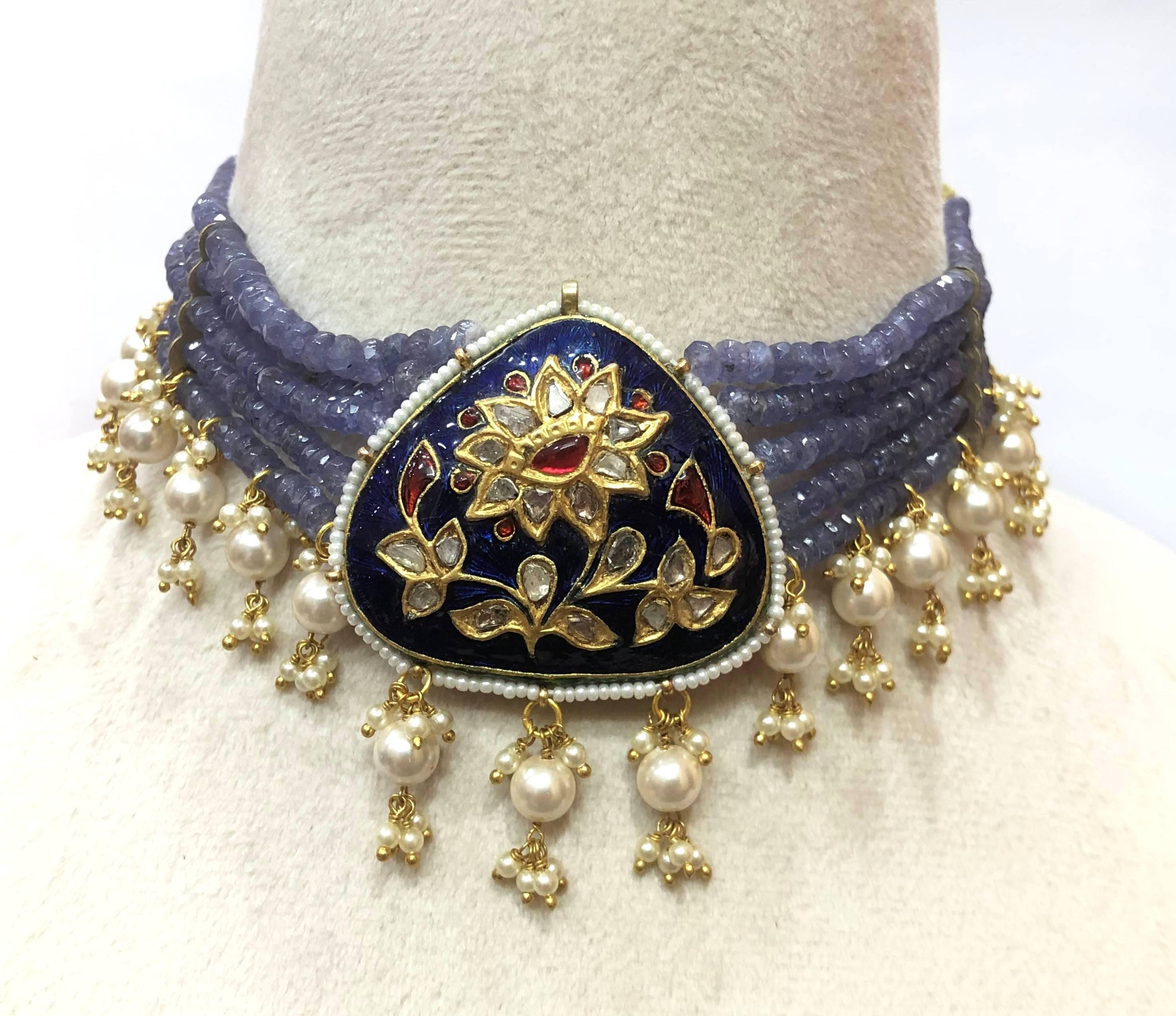 22K Gold Plated Polki Tanzanite Choker - Indian Bridal Necklace