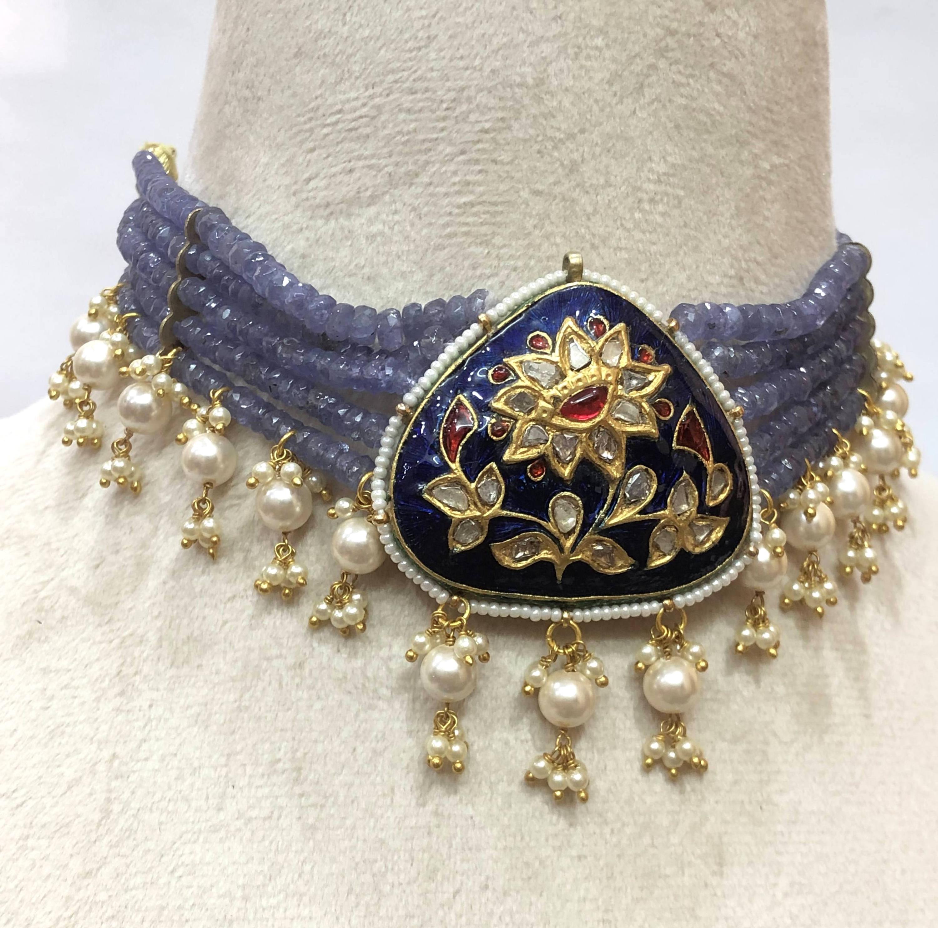 22K Gold Plated Polki Tanzanite Choker - Indian Bridal Necklace