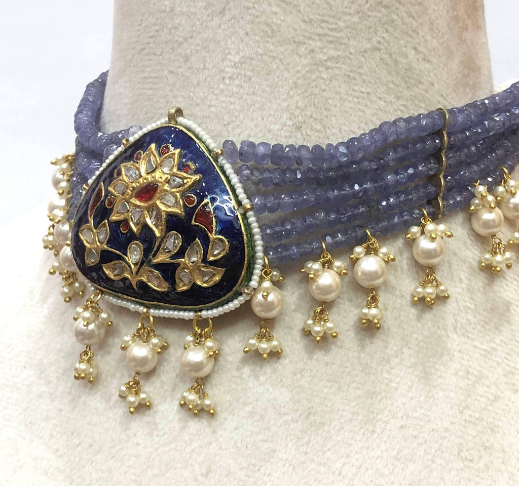 22K Gold Plated Polki Tanzanite Choker - Indian Bridal Necklace