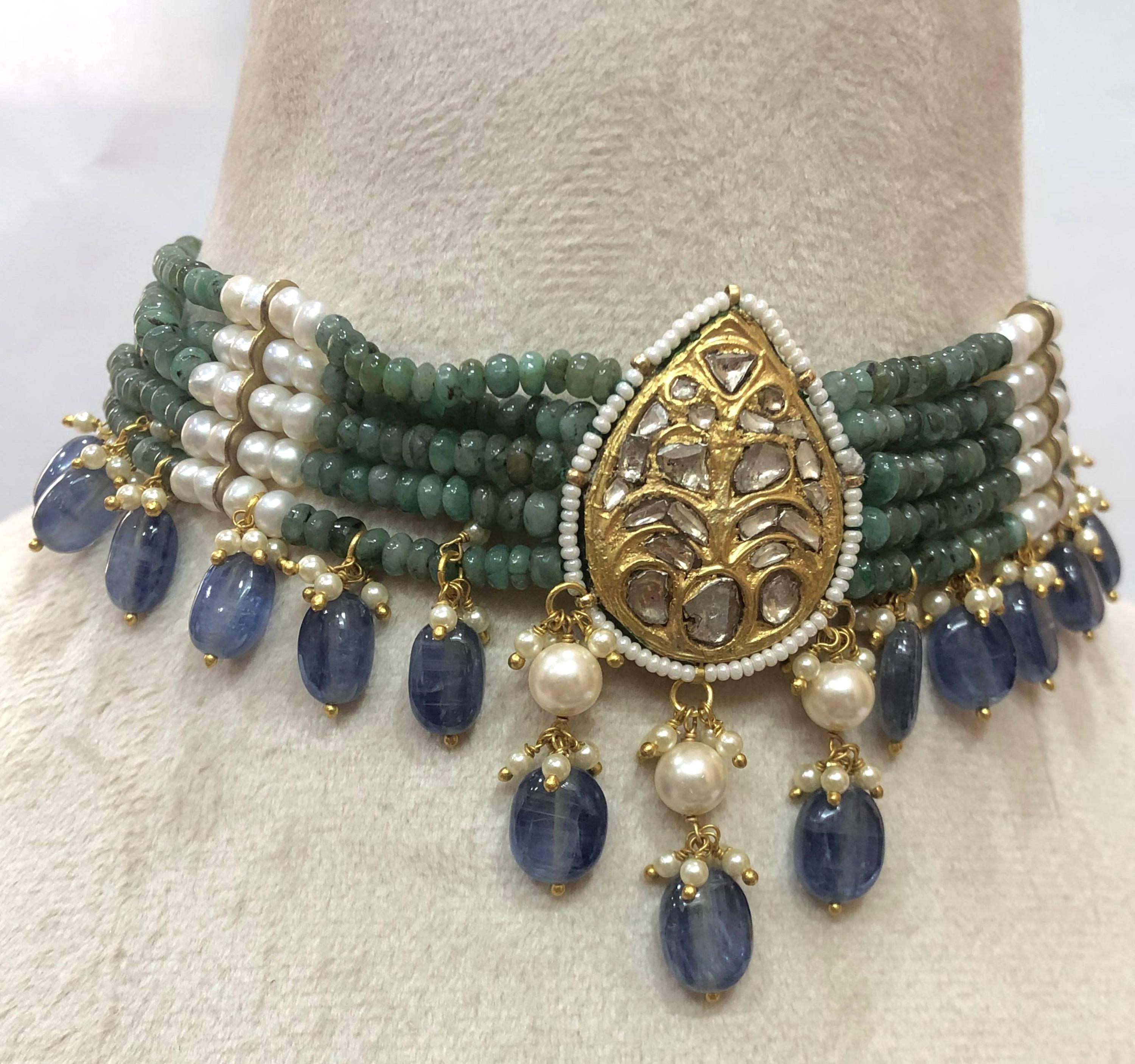 Emerald Tanzanite Pearl Choker - 22K Gold Plated Polki Indian Necklace