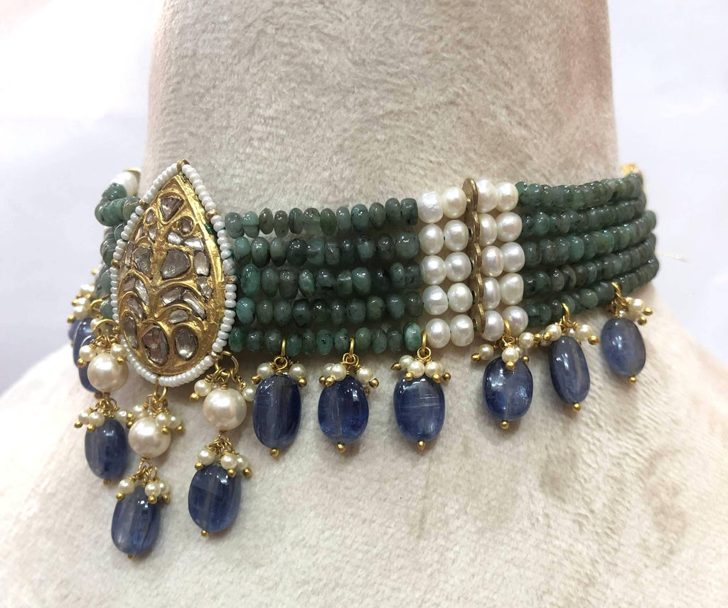 Emerald Tanzanite Pearl Choker - 22K Gold Plated Polki Indian Necklace