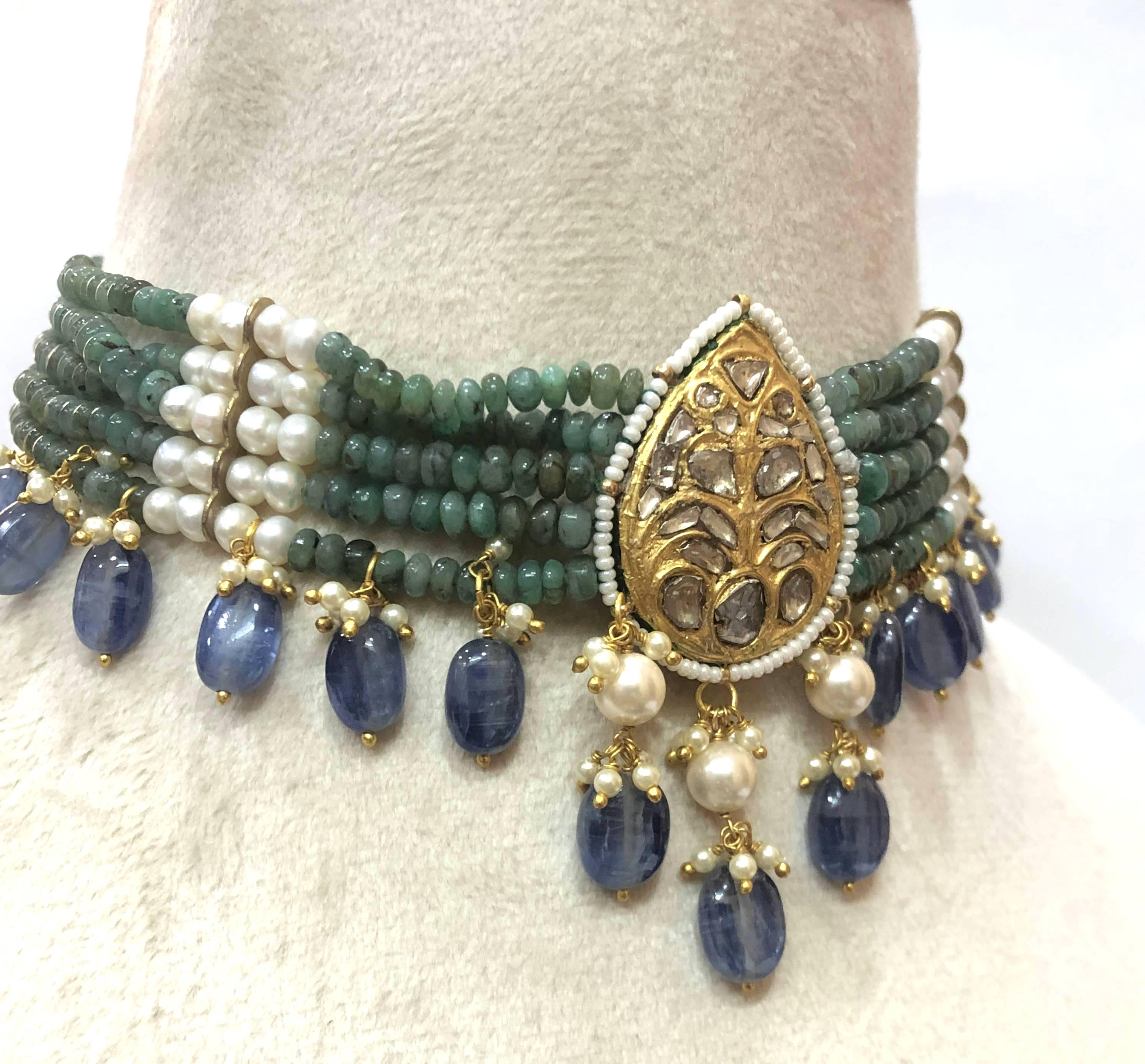 Emerald Tanzanite Pearl Choker - 22K Gold Plated Polki Indian Necklace