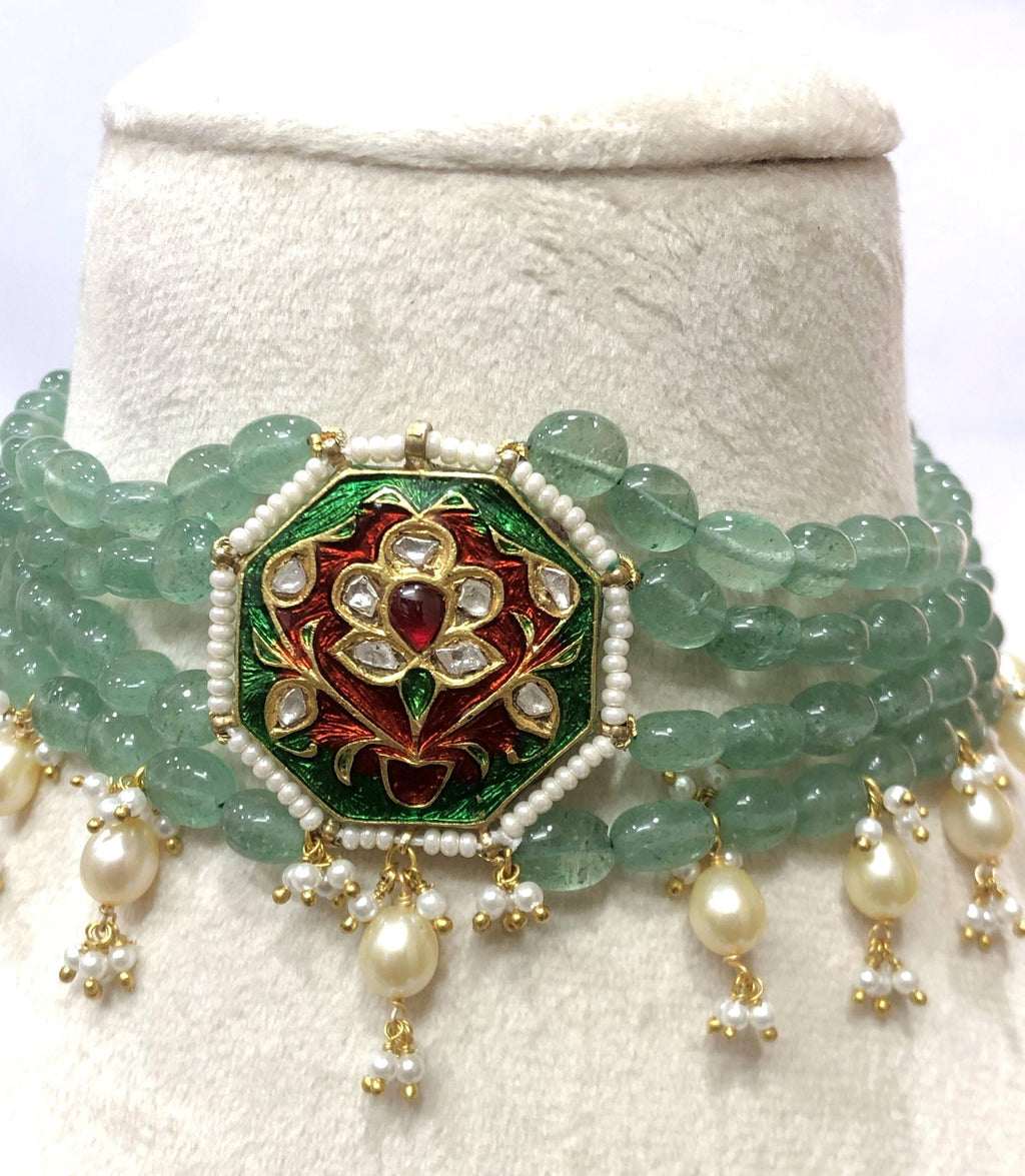 Emerald Pearl Choker Set – 22K Gold Plated Polki Indian Bridal Jewelry