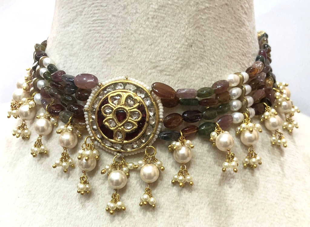 Ruby & Polki Diamond Choker - 22K Gold Plated Indian Bridal Necklace