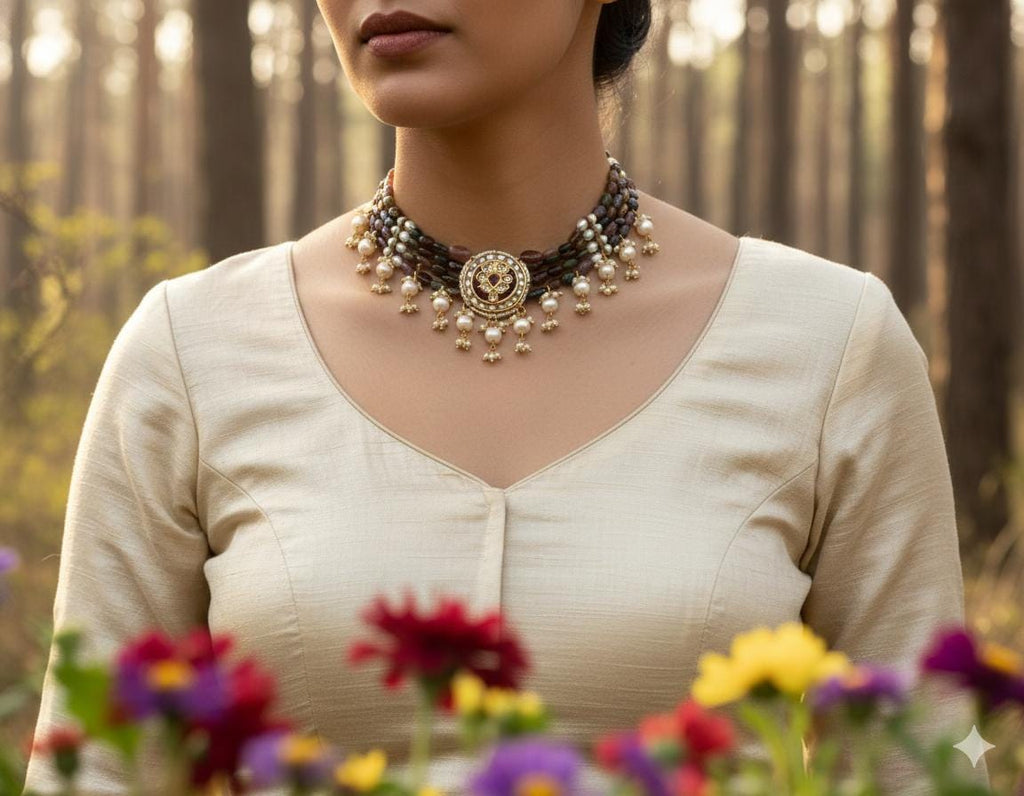 Ruby & Polki Diamond Choker - 22K Gold Plated Indian Bridal Necklace