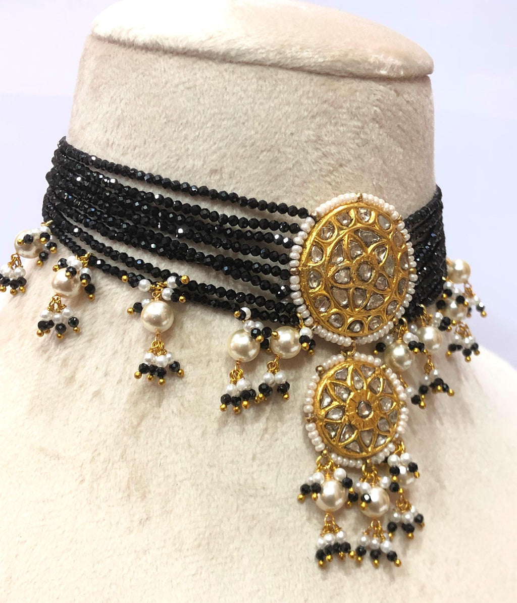 Victorian Polki Diamond Choker | 22KT Gold, Black Spinel & Pearl Necklace