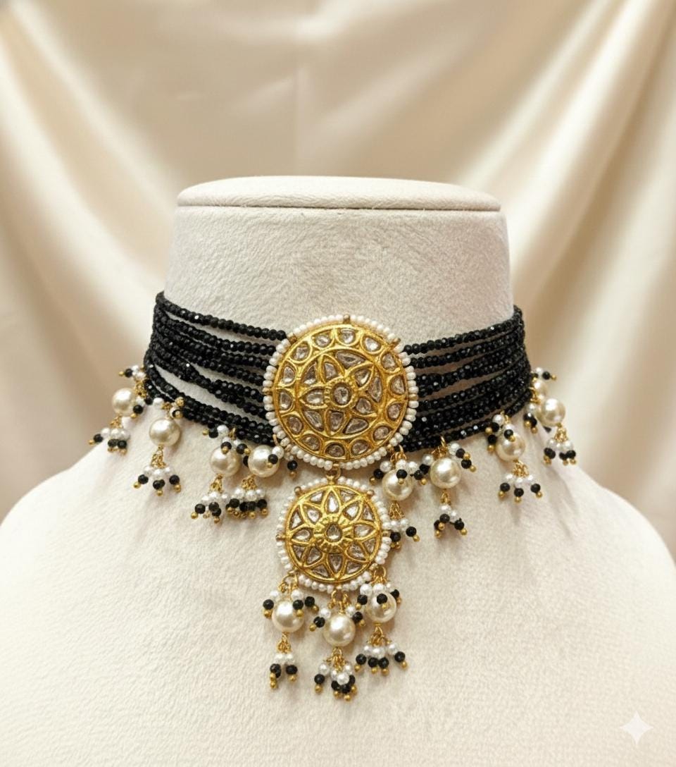 Victorian Polki Diamond Choker | 22KT Gold, Black Spinel & Pearl Necklace