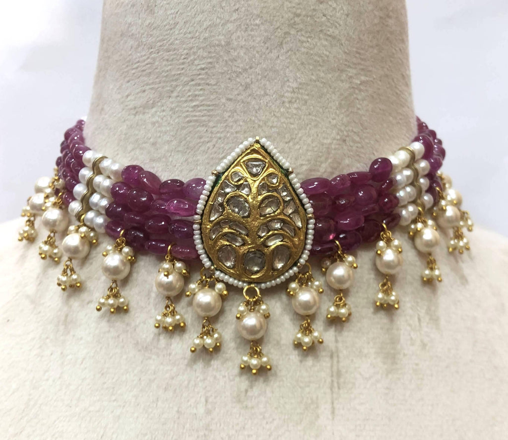 22K Gold Plated Ruby Choker – Polki Diamond Indian Bridal Necklace