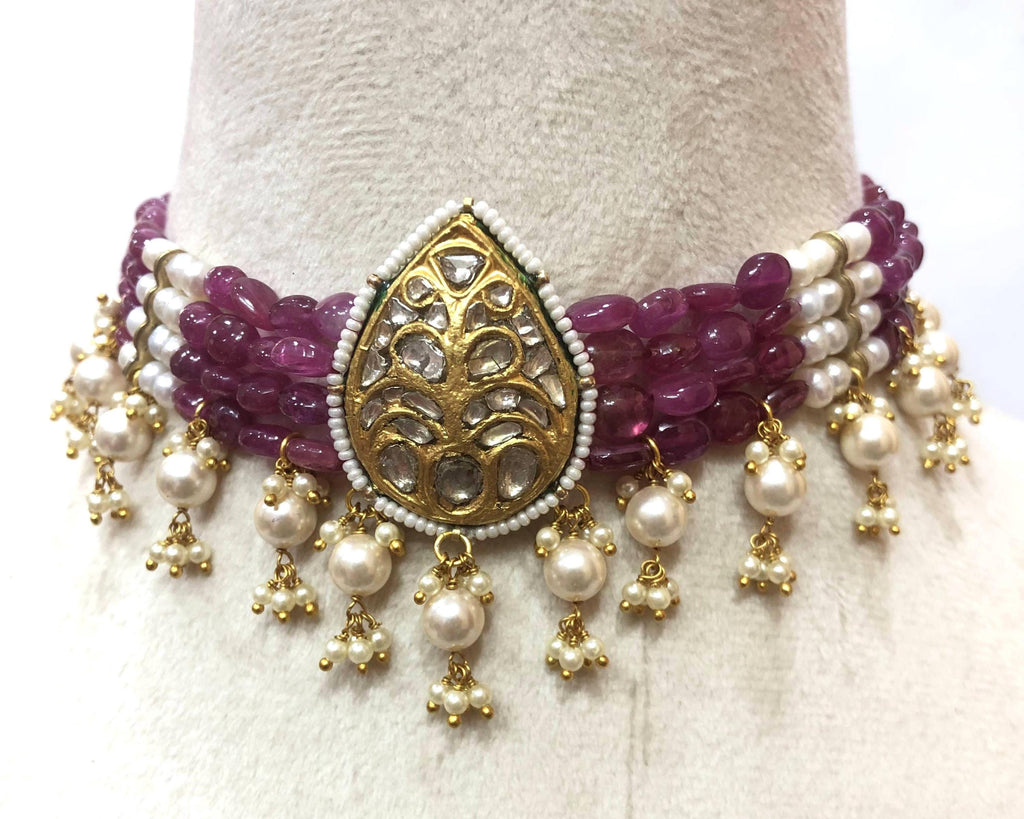 22K Gold Plated Ruby Choker – Polki Diamond Indian Bridal Necklace