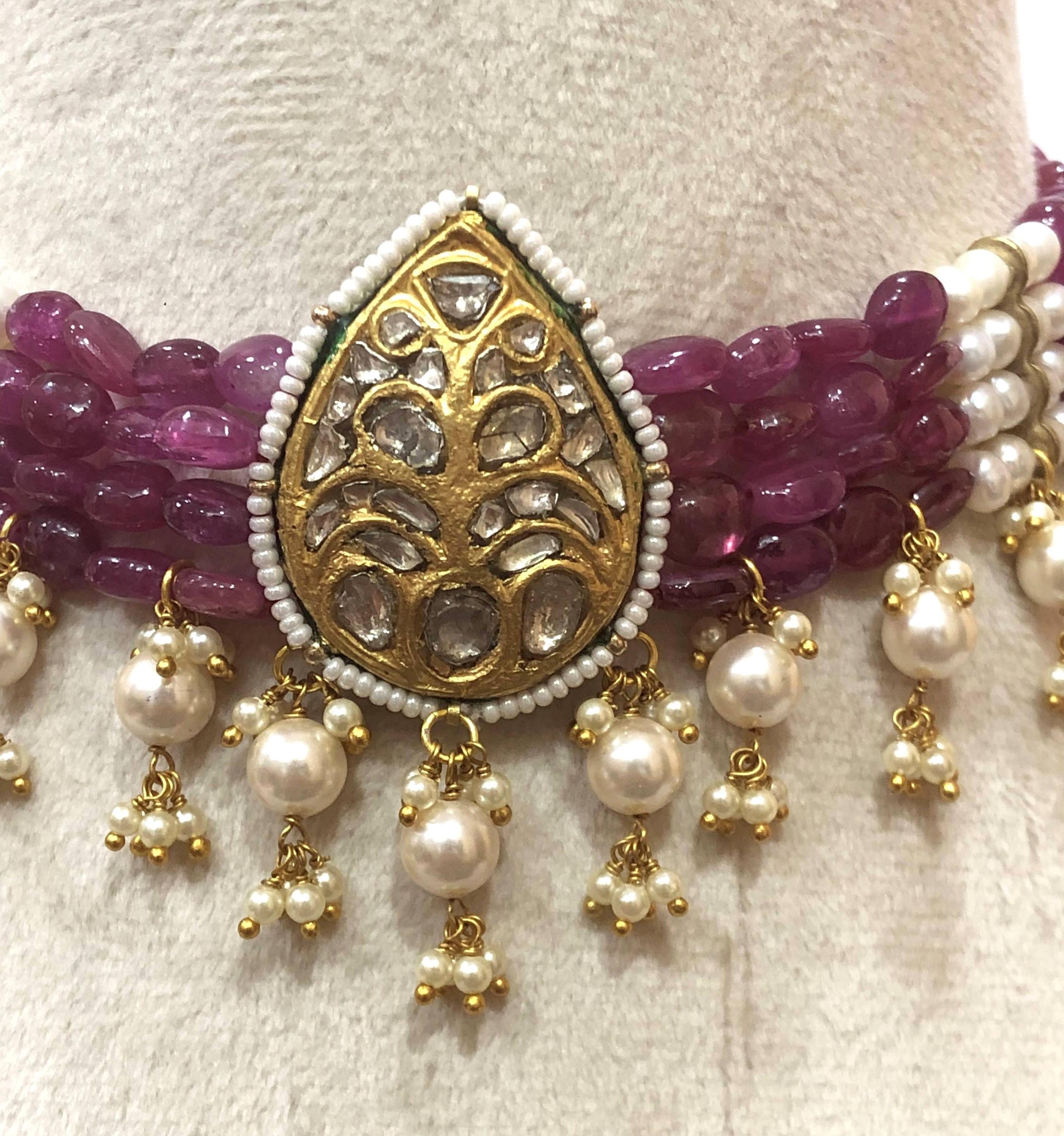 22K Gold Plated Ruby Choker – Polki Diamond Indian Bridal Necklace