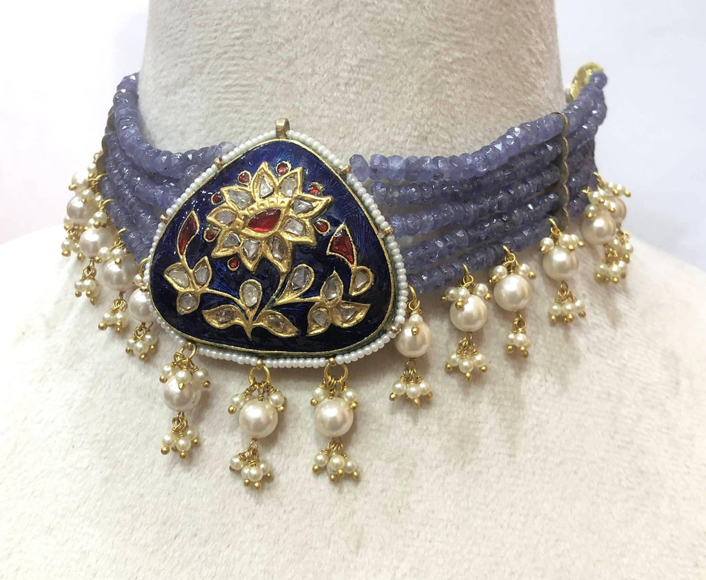22K Gold Plated Polki Tanzanite Choker - Indian Bridal Necklace
