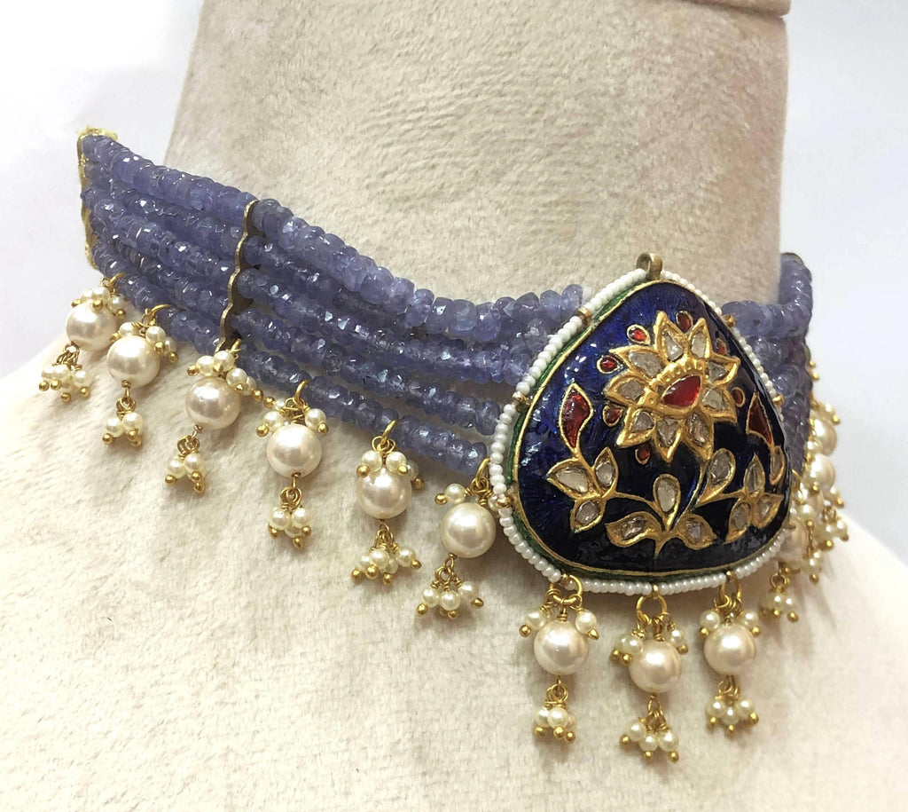 22K Gold Plated Polki Tanzanite Choker - Indian Bridal Necklace