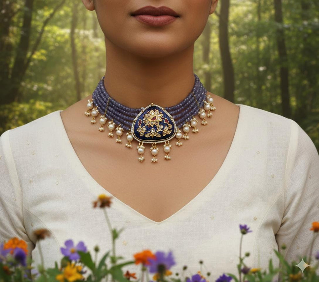 22K Gold Plated Polki Tanzanite Choker - Indian Bridal Necklace