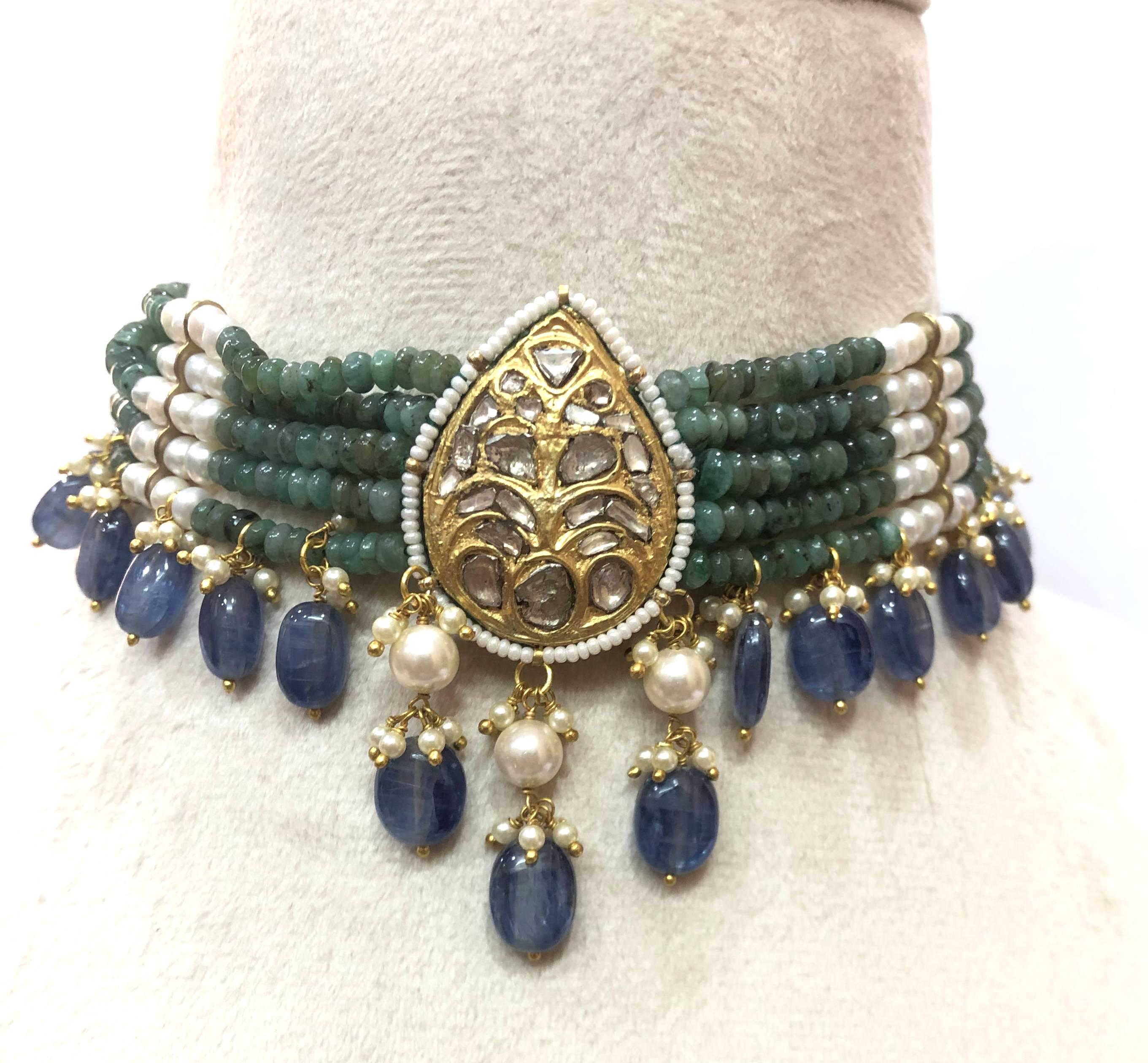 Emerald Tanzanite Pearl Choker - 22K Gold Plated Polki Indian Necklace