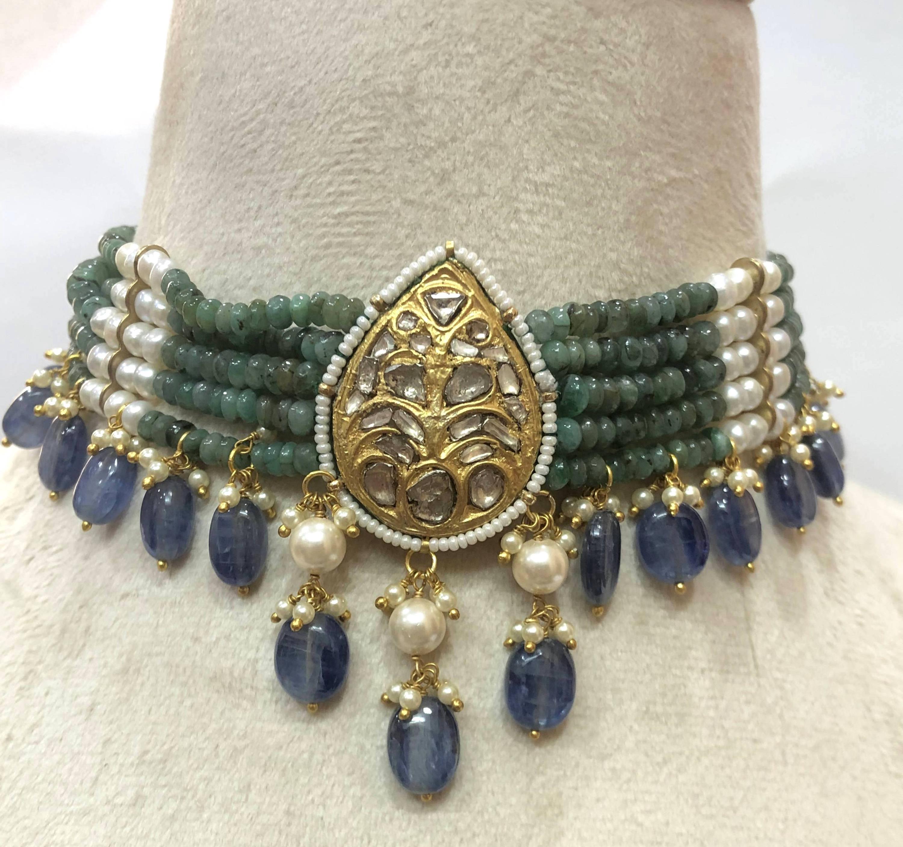 Emerald Tanzanite Pearl Choker - 22K Gold Plated Polki Indian Necklace