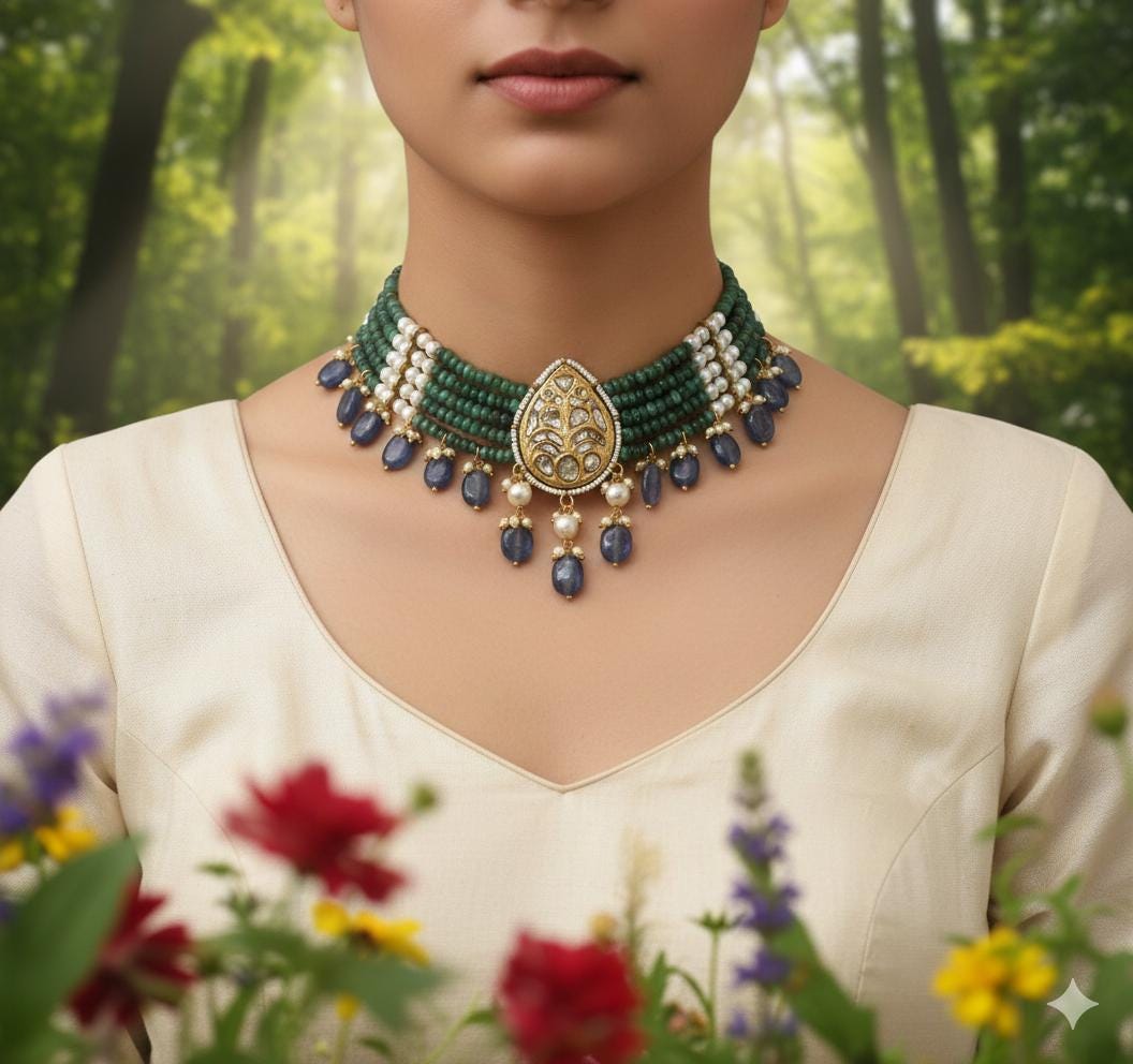 Emerald Tanzanite Pearl Choker - 22K Gold Plated Polki Indian Necklace