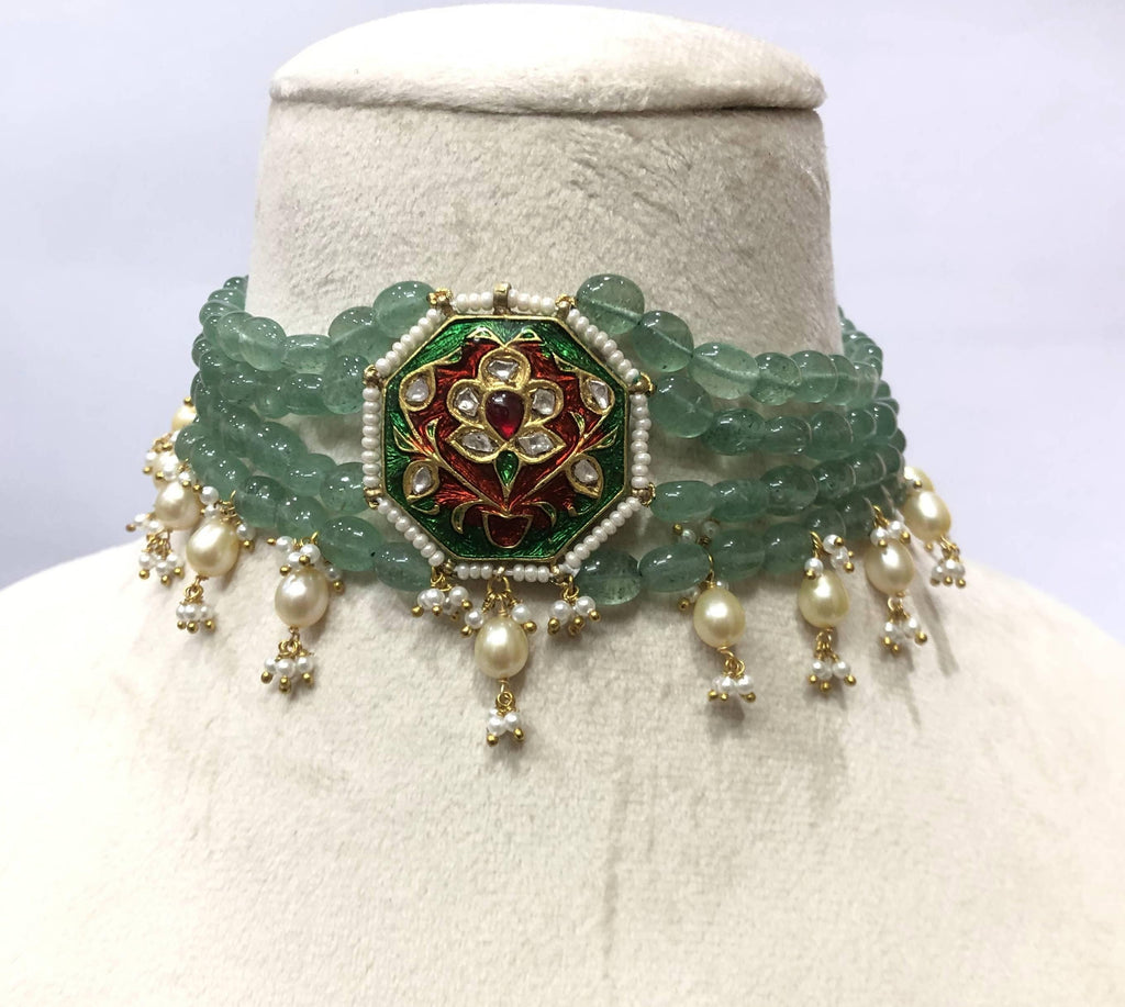 Emerald Pearl Choker Set – 22K Gold Plated Polki Indian Bridal Jewelry