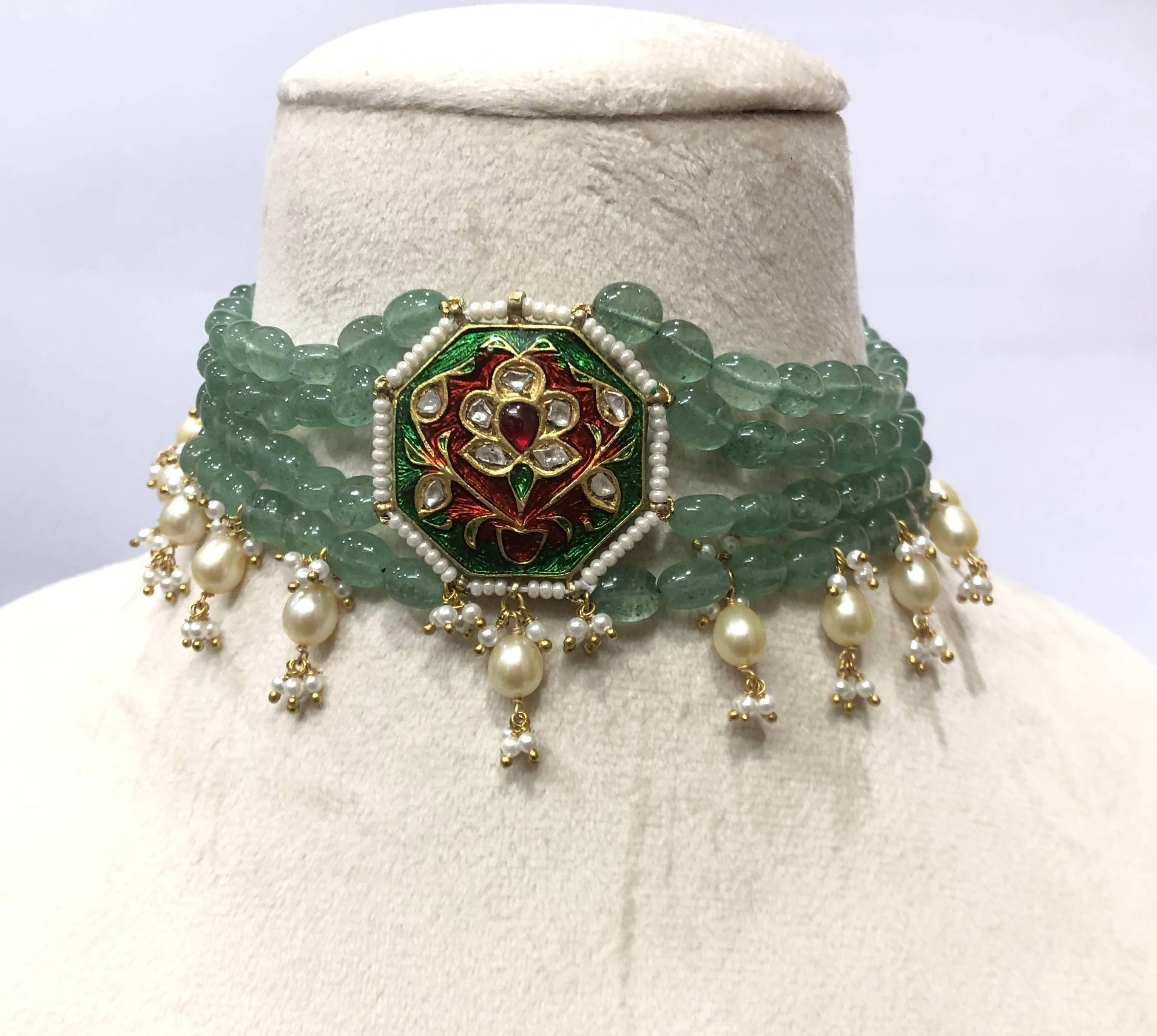 Emerald Pearl Choker Set – 22K Gold Plated Polki Indian Bridal Jewelry