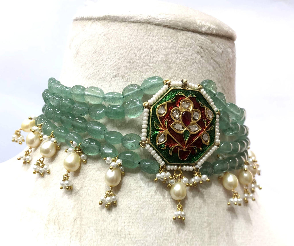 Emerald Pearl Choker Set – 22K Gold Plated Polki Indian Bridal Jewelry