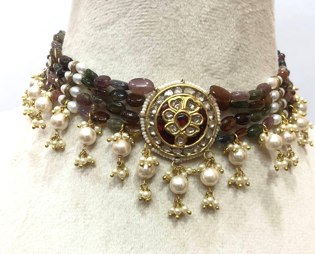 Ruby & Polki Diamond Choker - 22K Gold Plated Indian Bridal Necklace