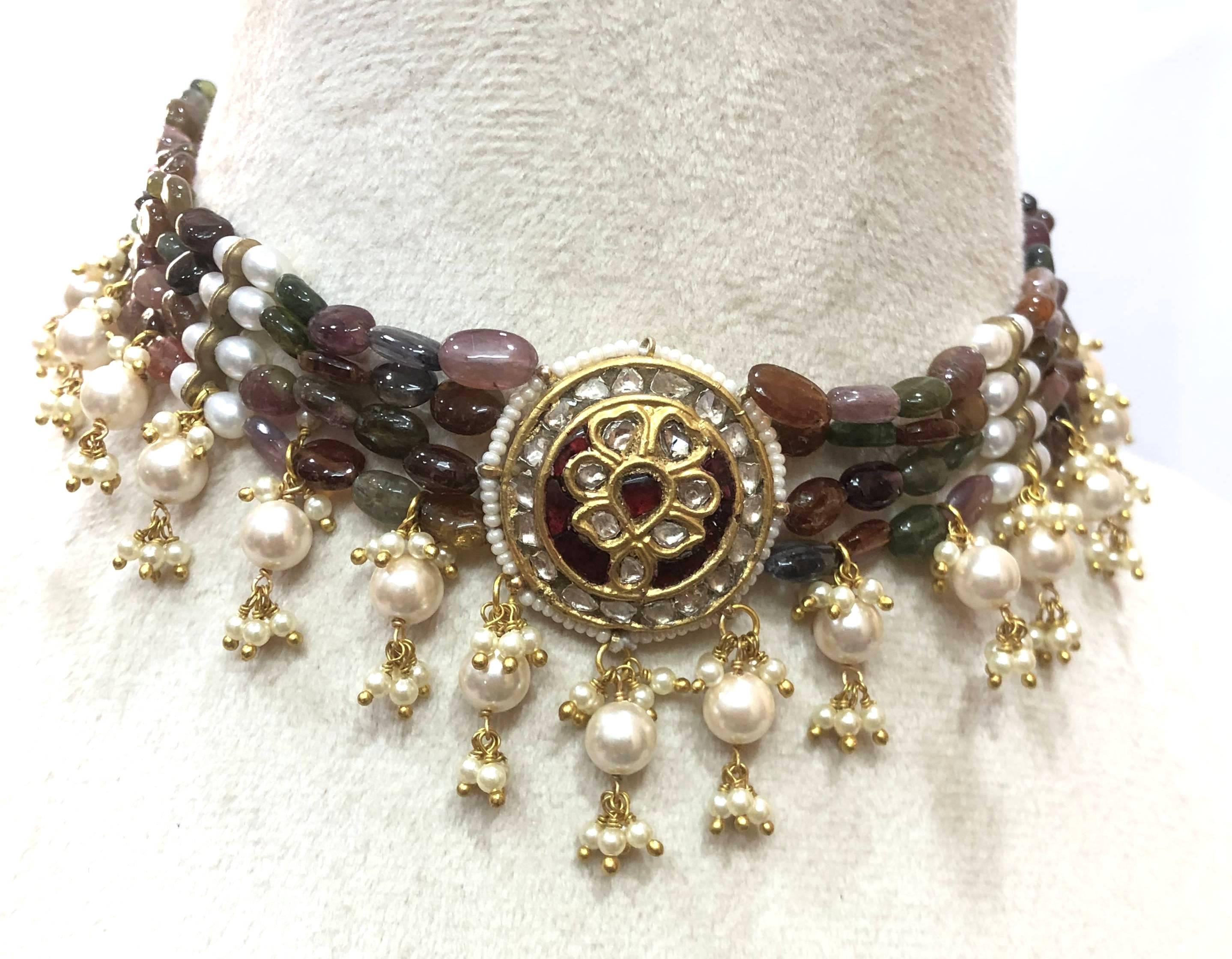 Ruby & Polki Diamond Choker - 22K Gold Plated Indian Bridal Necklace