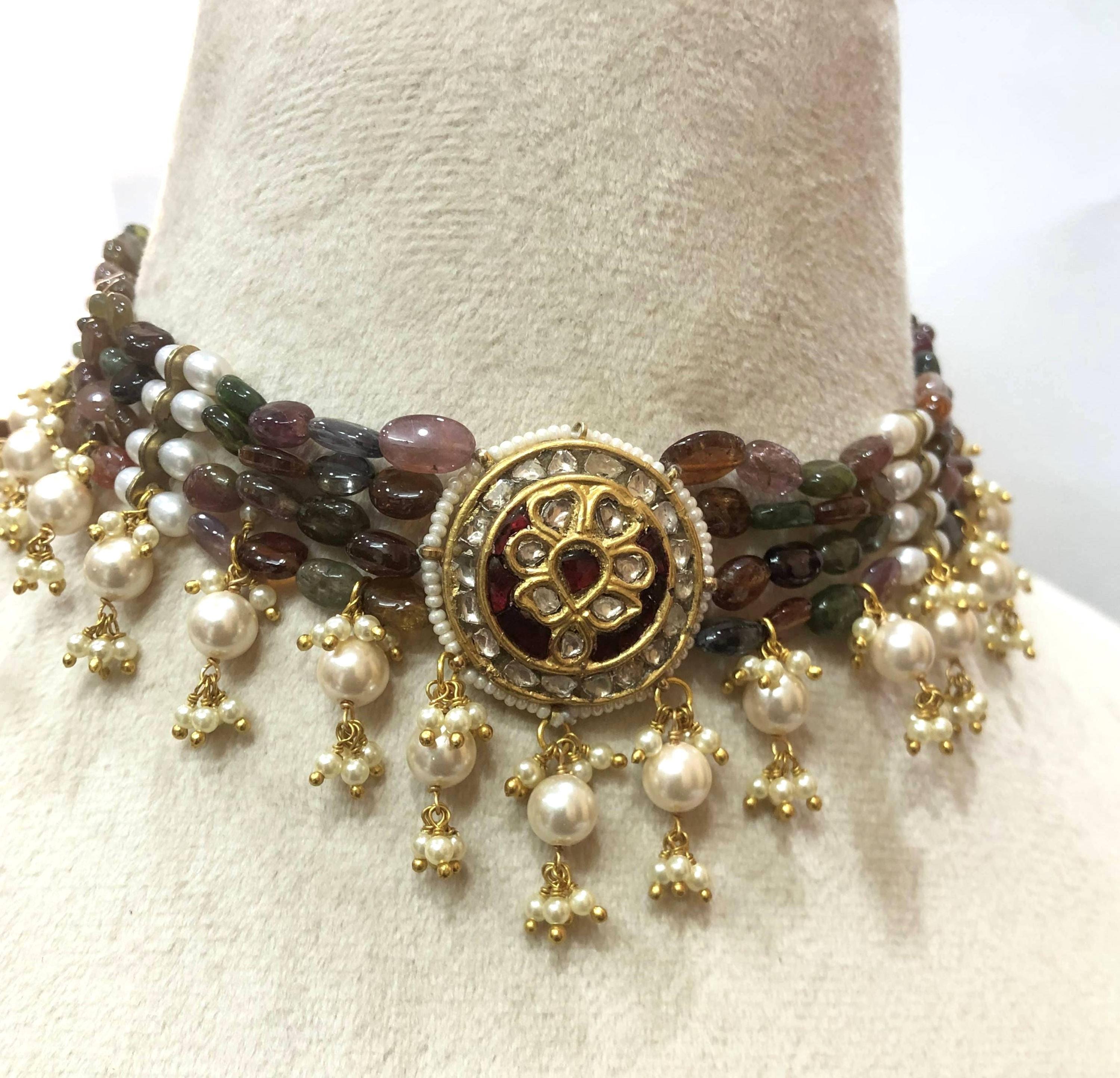Ruby & Polki Diamond Choker - 22K Gold Plated Indian Bridal Necklace