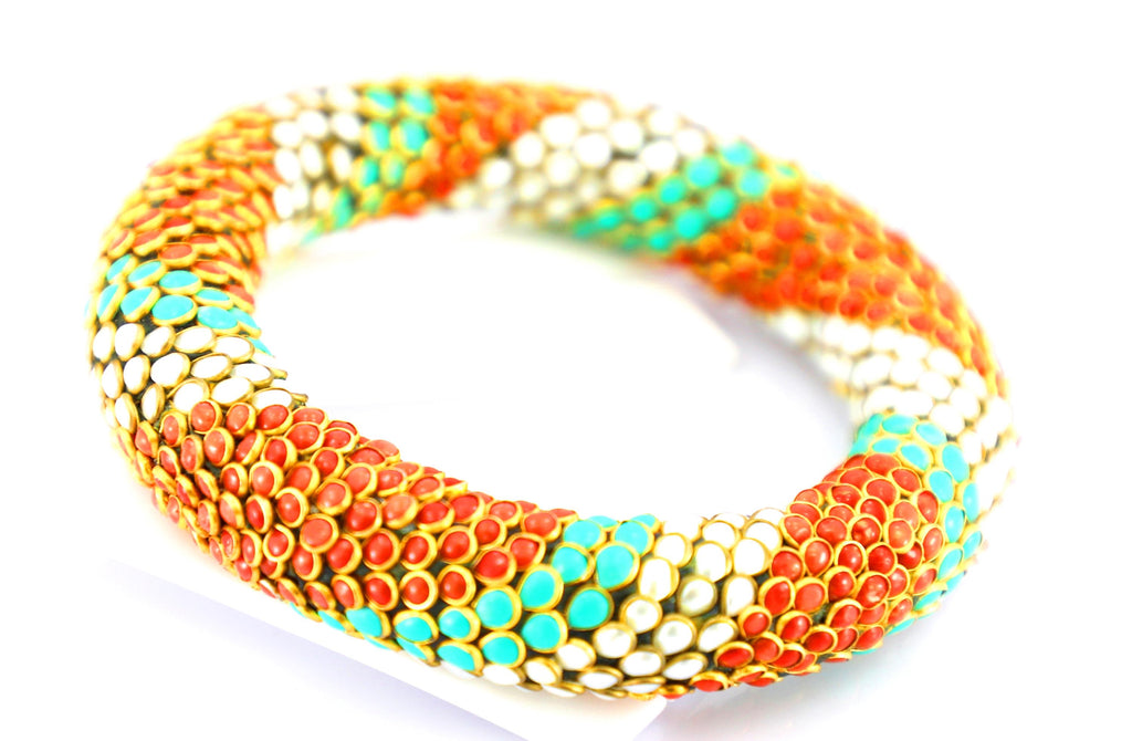Handmade Kundan Meena Bangle, 22kt Gold Coral Turquoise Pearl Bracelet