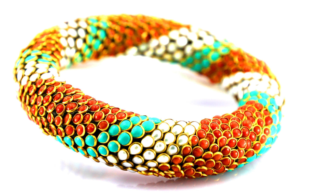Handmade Kundan Meena Bangle, 22kt Gold Coral Turquoise Pearl Bracelet