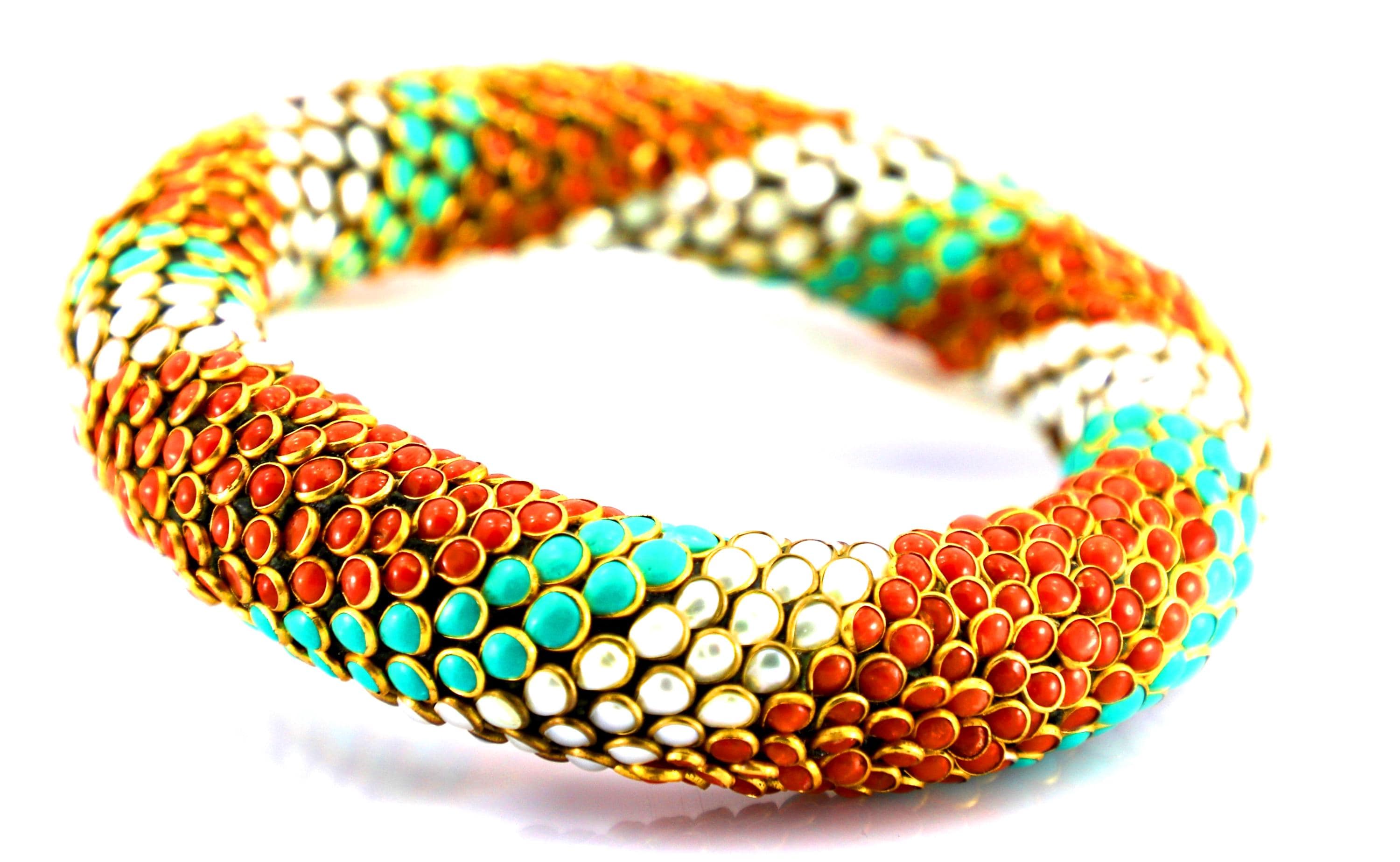 Handmade Kundan Meena Bangle, 22kt Gold Coral Turquoise Pearl Bracelet