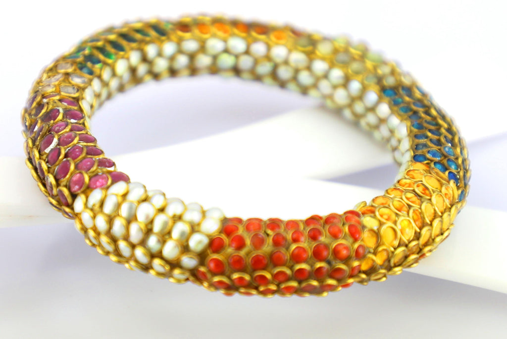 22kt Gold Kundan Meena Bangle, Emerald Coral Turquoise Pearl, Handmade Jadau Bracelet