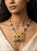 22kt Gold Navratna Necklace Set, Meenakari Jadau Gemstone Statement Jewelry