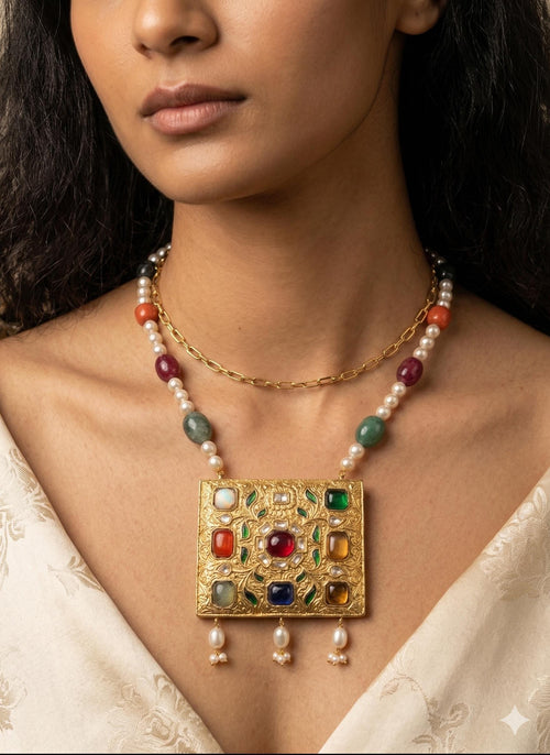 22kt Gold Navratna Necklace Set, Meenakari Jadau Gemstone Statement Jewelry