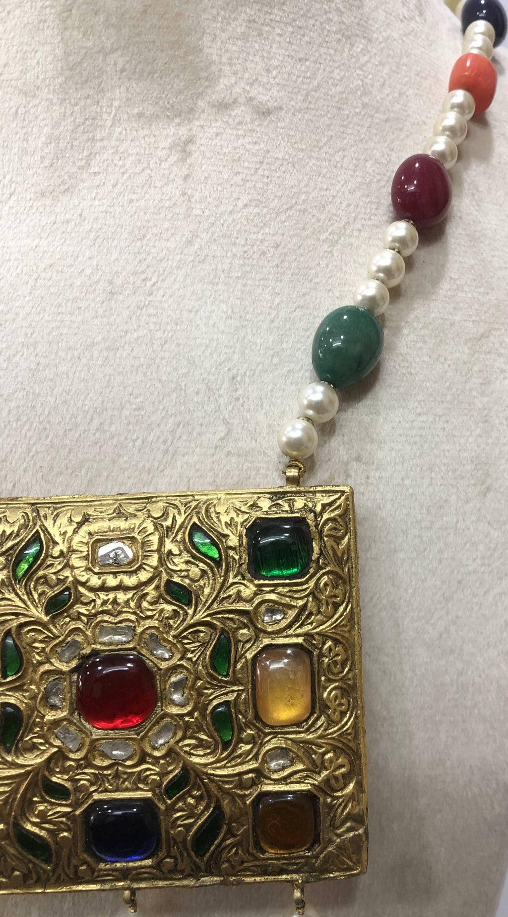 22kt Gold Navratna Necklace Set, Meenakari Jadau Gemstone Statement Jewelry