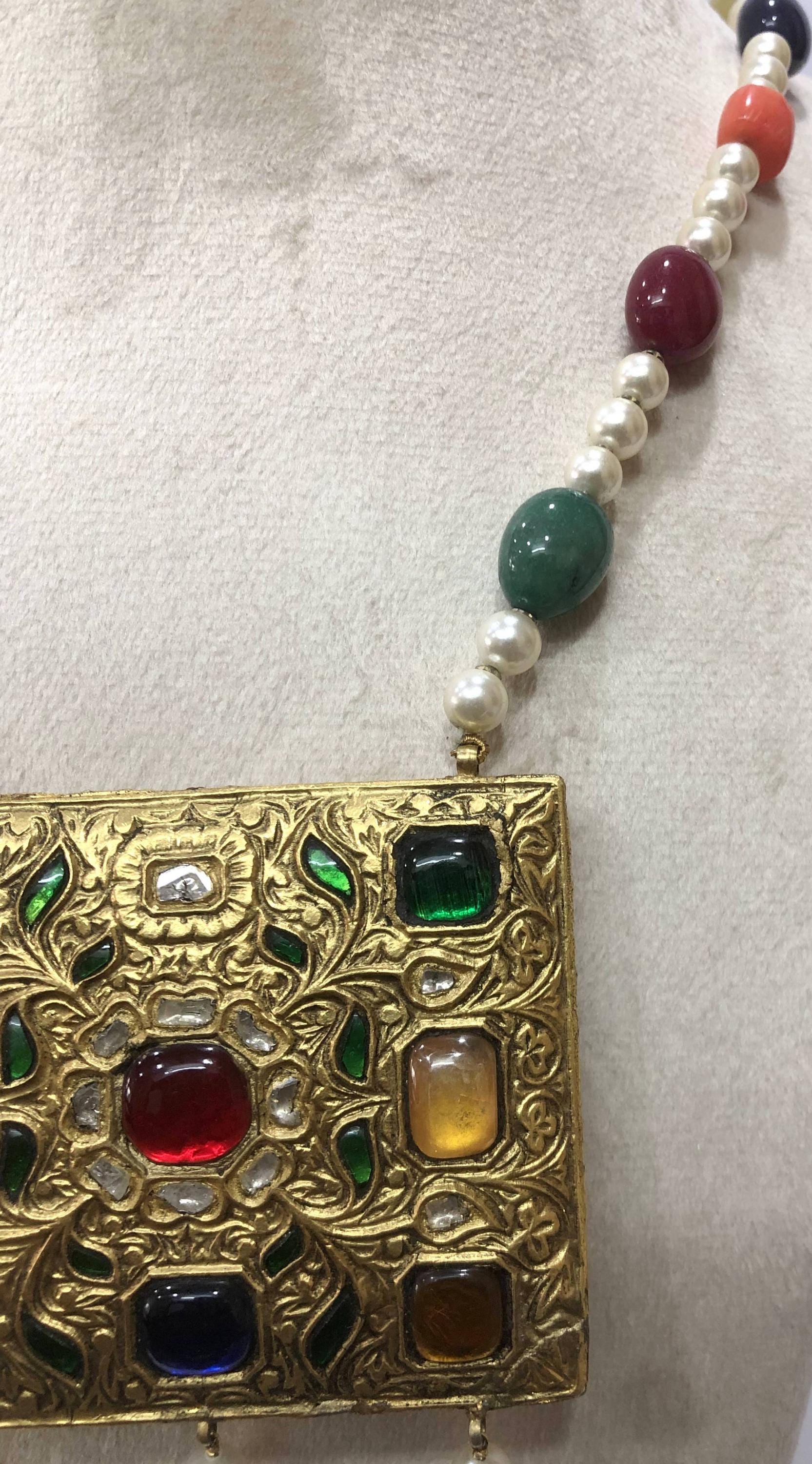 22kt Gold Navratna Necklace Set, Meenakari Jadau Gemstone Statement Jewelry