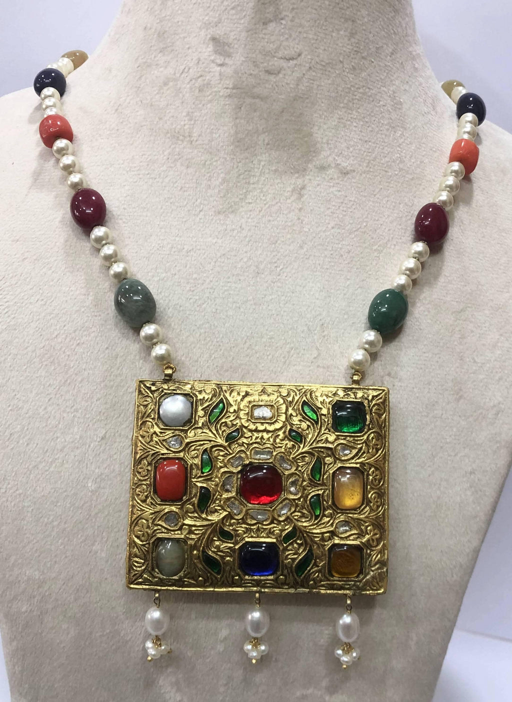 22kt Gold Navratna Necklace Set, Meenakari Jadau Gemstone Statement Jewelry