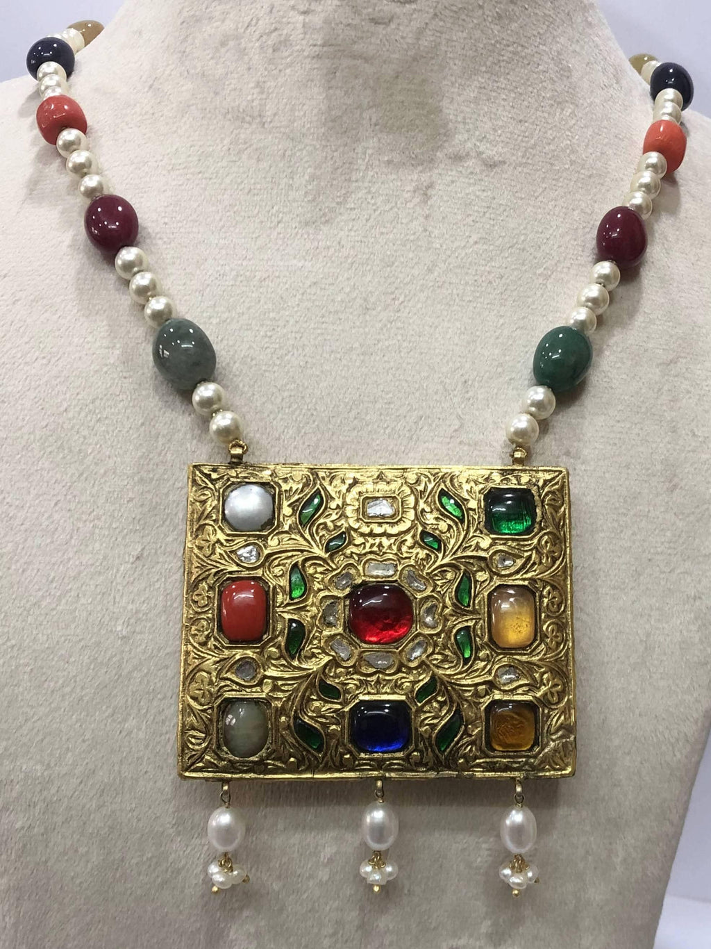 22kt Gold Navratna Necklace Set, Meenakari Jadau Gemstone Statement Jewelry