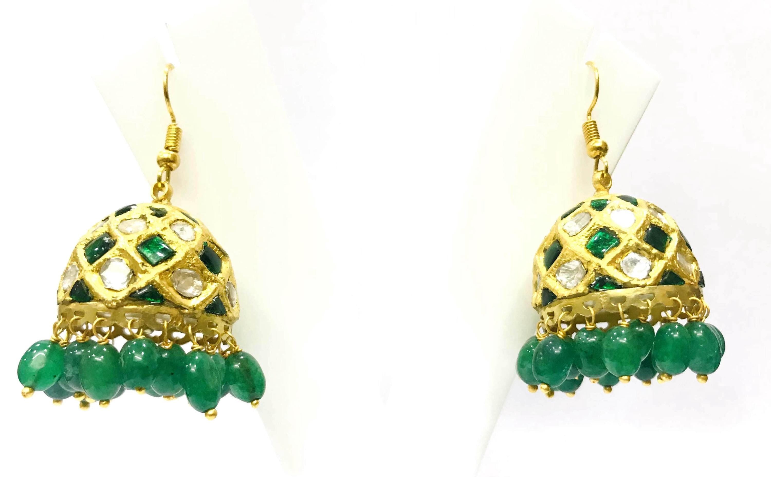22kt Gold Polki Meenakari Drop Earrings, Handmade Jadau Indian Wedding Jewelry