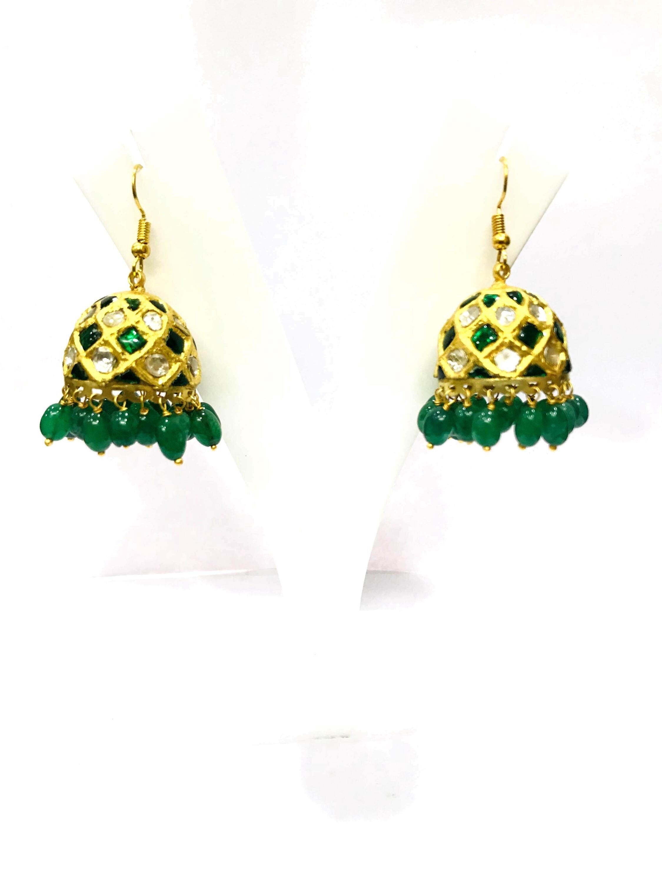 22kt Gold Polki Meenakari Drop Earrings, Handmade Jadau Indian Wedding Jewelry