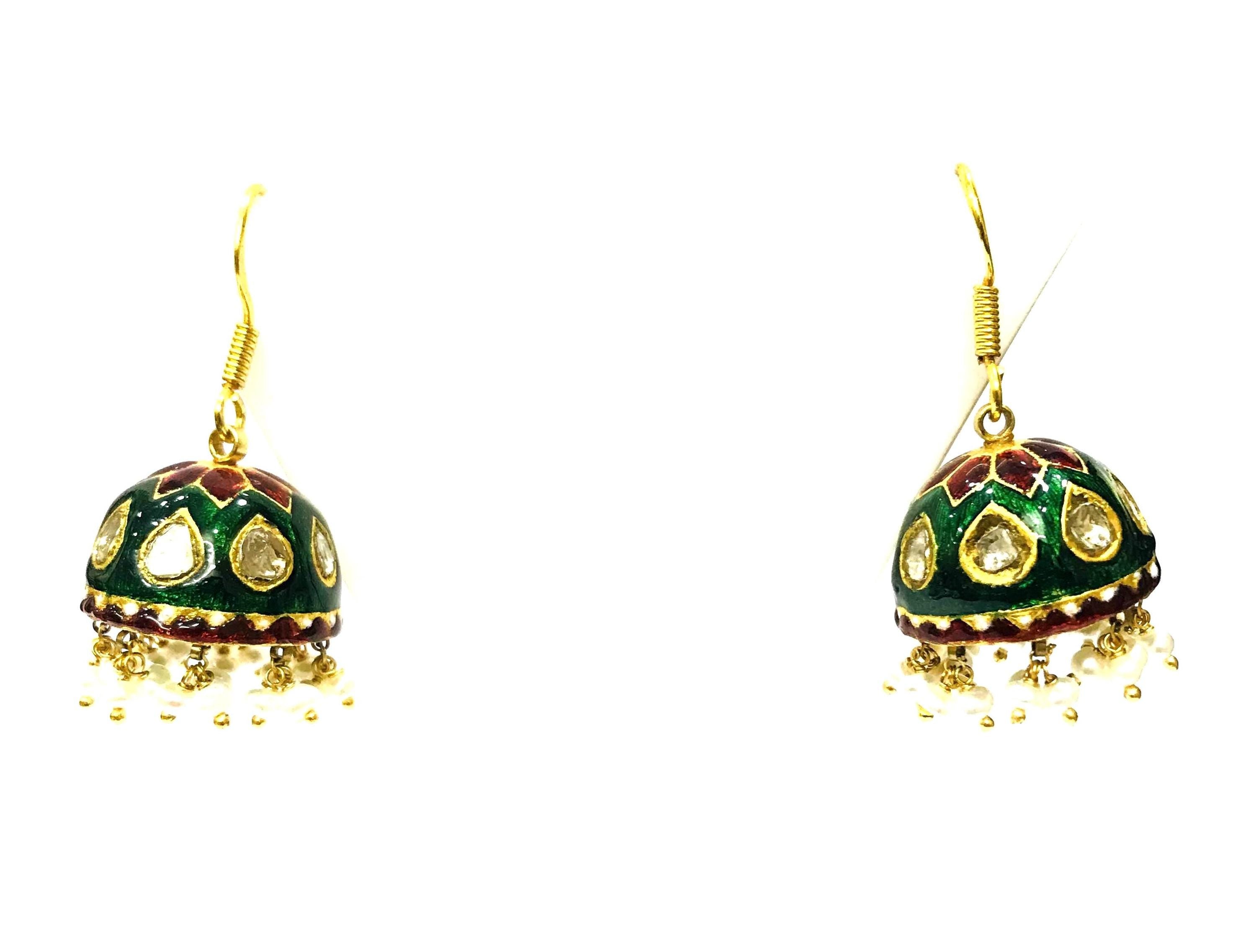 22kt Gold Polki Diamond Meenakari Drop Earrings, Indian Wedding Jewellery